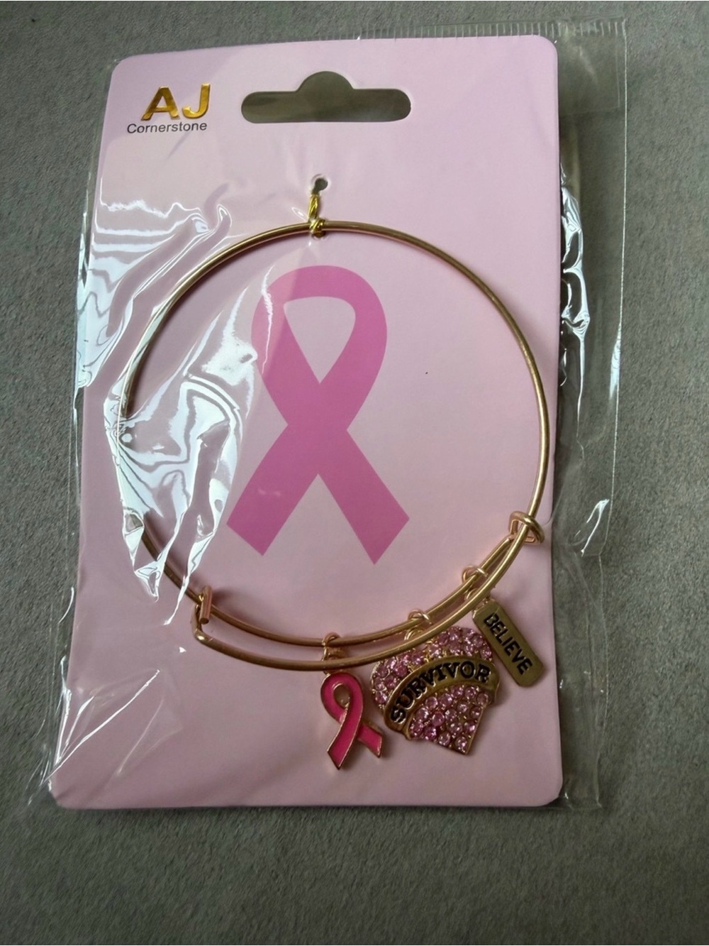 Breast cancer survivor bracelet charms hearts gold tone